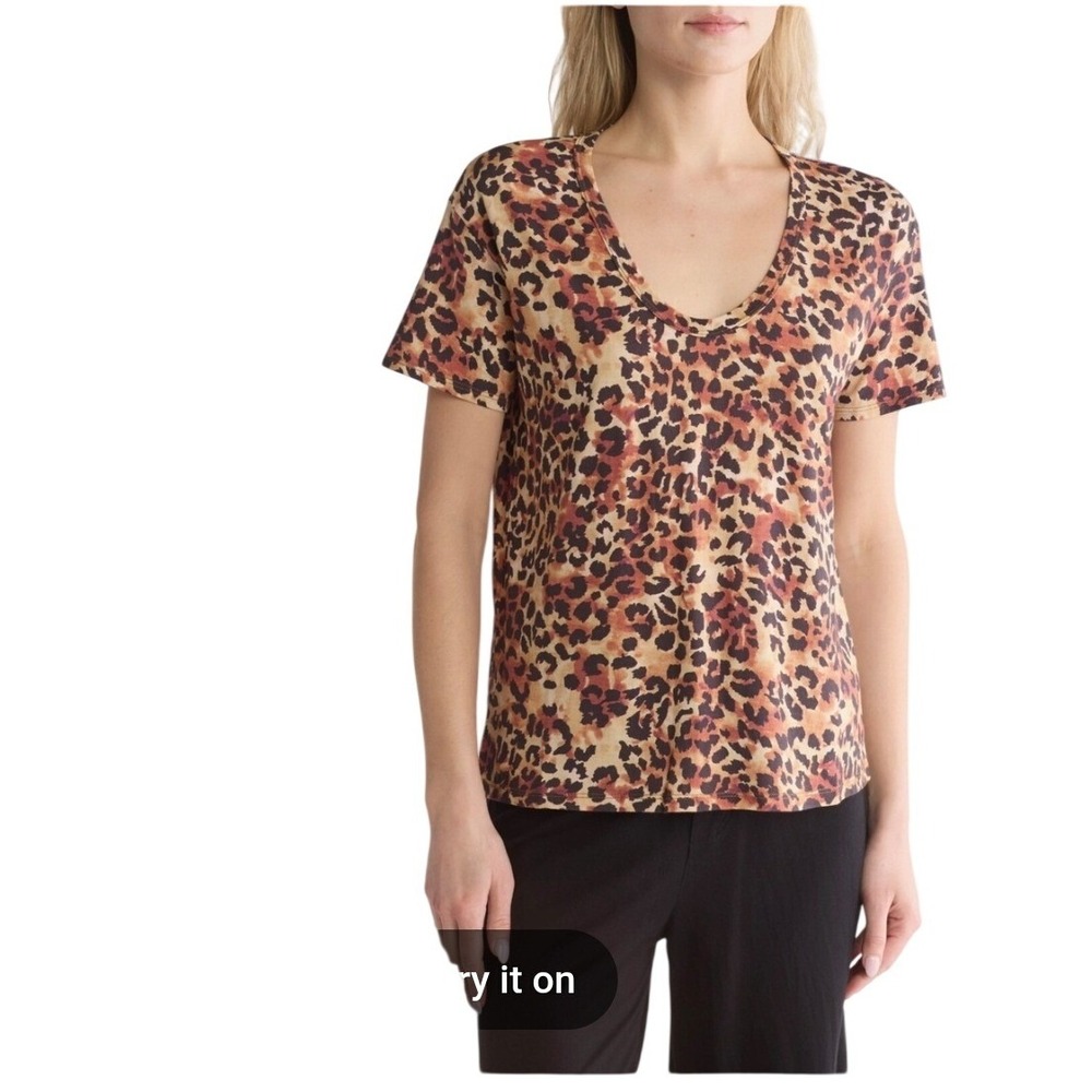 AG Adriano Goldschmied Women Leopard Print Scoop Neck Short Sleeve Tee Brown S